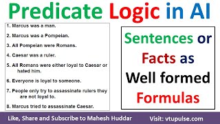Represent Facts or Knowledge as Wel Formed Formulas using Predicate Logic in AI by Mahesh Huddar