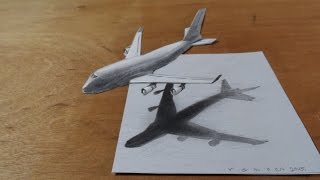 Drawing Airplane - How to Draw 3D Airplane, Boeing 747 - 3D Flight Illusion