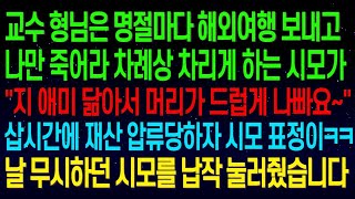 (실화사연) 교수 형님은 명절마다 해외여행 보내고 혼자서 죽어라 차례상 차리게 하는 시모가  지 애미 닮아서 머리가 나빠~  삽시간에 시댁 재산 압류 되고 시모를 납작 눌러줬습니다