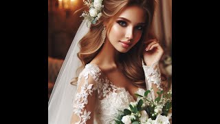 Fiatal menyasszonyoknak esküvői ruha .Beautiful blonde girl in a wedding dress goes down the stairs