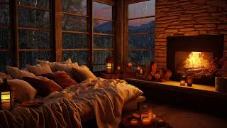 Go to Sleep w/ Relaxing Rain Sounds with Fireplace Crackling in Cozy Hut Ambience