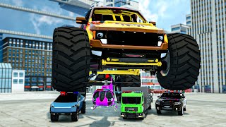 Police Cybertruck & Helicopter vs Monster Truck | Wheel City Heroes USA | Fire Truck Animation