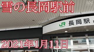 雪の長岡駅前。2021年1月11日