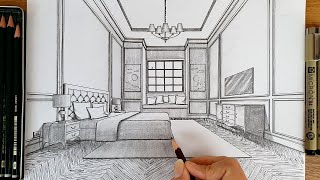 Drawing a Bedroom in One Point Perspective | Timelapse