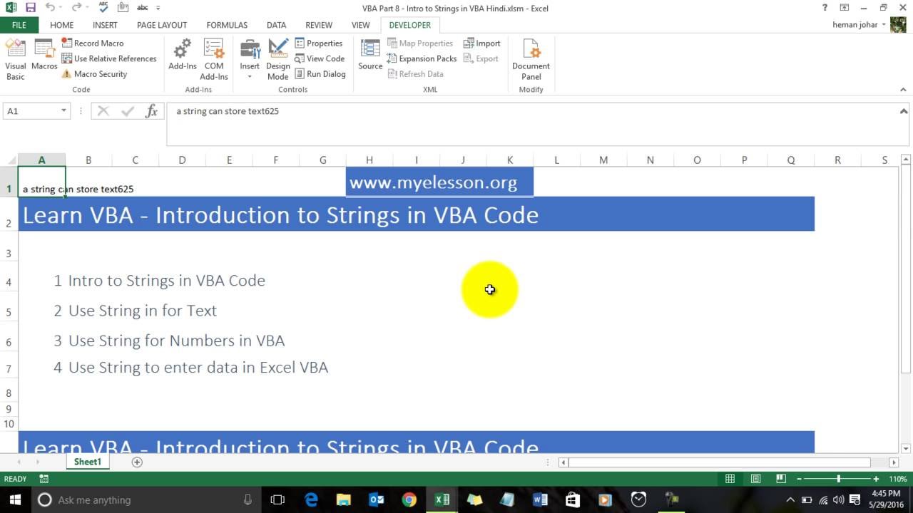 VBA Part 8 - Intro To Strings In VBA Hindi - YouTube