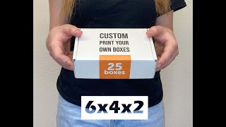 PackSales.com custom printed 6x4x2 mailer box shown for size comparison