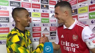 A lovely moment as Gabriel Jesus hands Granit Xhaka the Man Of The Match Award 🥰