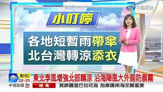 【季容氣象報報】鋒面通過東北季風增強 各地短暫雨北台轉涼│中視晨間氣象 20221123