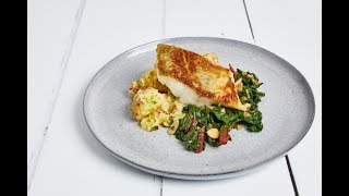 Patatas aliñadas with pan-fried cod, rainbow chard and preserved lemons by Henry Russell