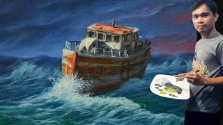 Acrylic Seascape Painting Tutorial Old Fishing Boat on Huge Waves by JM Lisondra