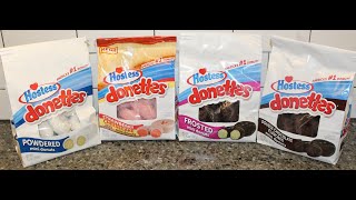 Hostess Donettes Mini Donuts: Powdered, Strawberry Cheesecake, Frosted \u0026 Double Chocolate Review