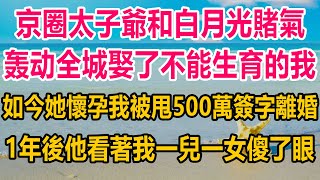 京圈太子爺和白月光賭氣，策劃世紀婚禮娶了不能生育的我，如今她懷孕我被甩500萬簽字離婚，1年後他看著我一兒一女，徹底傻了眼#情感故事   #婚姻 #故事 #爽文 #爽文完结