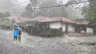 Heavy Rain and Thunderstorm Sounds in the Village | Walking Through a Stormy Village | ASMR