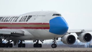 PRETTY Face Mask c/s Kalitta Air Boeing 747-446(BCF) Connie N744CK start up,push,takeoff LEJ EMA LAX