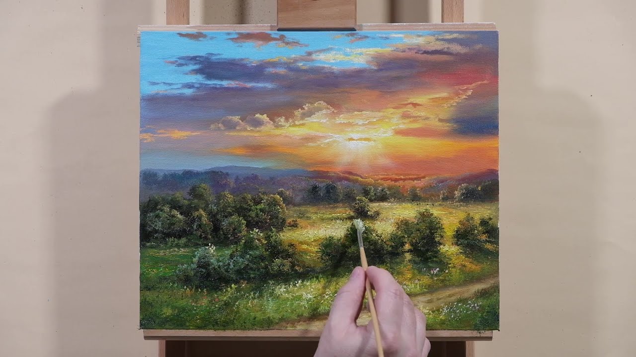 Oil Painting Summer Sunset Landscape Time Lapse Youtube