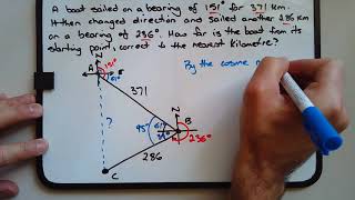 How to use the cosine rule in trigonometry to solve a bearings problem by example