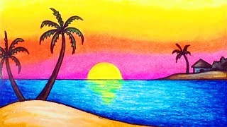 How to Draw Simple Scenery for Beginners | Drawing Sunset Scenery