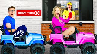 GOING IN DRIVE THRUS in MINI TOY CARS for 24 Hours