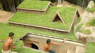 Building underground hut with grass roof &  fireplace with clay