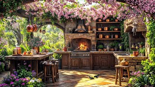 Cozy Outdoor Kitchen with Fireplace \u0026 Spring Blossoms | Relaxing Garden Ambience for Stress Relief