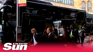 Carlo Ancelotti leads Karim Benzema and Real Madrid team on to bus as they head to Celtic Park