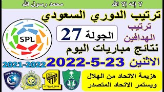ترتيب الدوري السعودي اليوم وترتيب الهدافين الاثنين 23-5-2022 الجولة 27 - هزيمة الاتحاد من الهلال