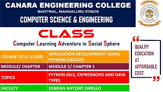VTU ADP (18CS55) Application Development using Python:IDLE, Expressions & Data Types [Basics](M1 L1)