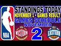 nba standings today November 1, 2024 | games results | games schedule November 2, 2024