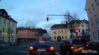 D: Stadt Hof. Fahrt entlang der Saaleauen, Fabrikzeile, Graben. März 2018