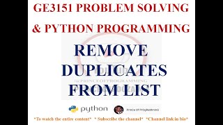 REMOVE DUPLICATES FROM LISTS | GE3151 PROBLEM SOLVING AND PYTHON PROGRAMMING NOTES