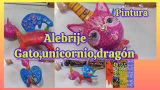 Alebrije gato,unicornio,dragón, proceso de pintura.