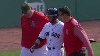 SEA@BOS: Pedroia gets nailed on the arm, stays in