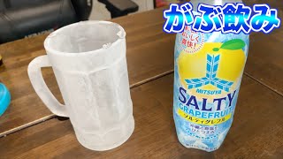 キンキンに凍ったジョッキで三ツ矢ソルティグレフルをがぶ飲み！