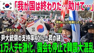 【海外の反応】「政府よ、いい加減にしてくれ」韓国ソウルが戦場化！尹大統領の支持率が40％急上昇し1万人のデモが激化！一体何が起こったのか？国会機能も停止で韓国大混乱！