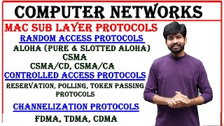 mac protocols, aloha, csma, csma/cd, csma/ca, reservation, token passing, polling, fdma, tdma, cdma