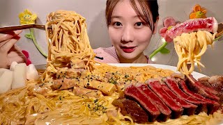 ASMR ロゼクリームパスタ ステーキ【咀嚼音/ Mukbang/ Eating Sounds】【日本語字幕】