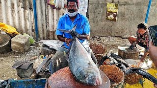 18KG MASSIVE BIG TREVALLY FISH CUTTING🔪 KNOCKOUT SELVAM LEVEL SPEED COMPETITOR SEKAR🔪KF FISH CUTS