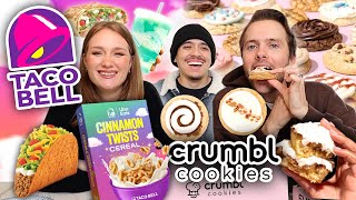 Tasting VIRAL Celebrity Foods! TACO BELL Cinnamon Twists Cereal! CRUMBL COOKIES