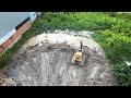 Swamp Landfill Project Old Bulldozer KOMATSU Use His Power Pushing Dirt Truck Unloading Dirt