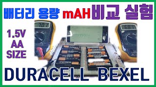 건전지 용량 비교 실험. AA사이즈 1.5V 건전지, 듀라셀과 벡셀비교 실험. mAH 용량 계산.