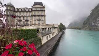 Walk Interlaken - 4K HD - heavy rain and thunderstorms Switzerland 🇨🇭 jungfrau Region paradise