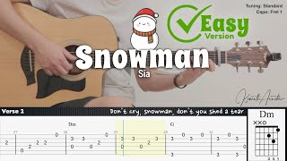 Snowman (Easy Version) - Sia | Fingerstyle Guitar | TAB + Chords + Lyrics
