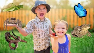 BUG HUNT OUTDOOR ADVENTURE with CALEB at GRANDMAS HOUSE! Kids FIND SPiders, FROGS,  WORMS, BUGS!