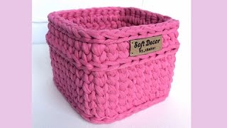 Knitted yarn square basket | We knit crochet | Сrochet square basket (еnglish subtitles)