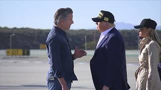 RAW: President Trump arrives in Los Angeles, greets Gavin Newsom