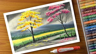 Landscape drawing with oil pastel- Nature- Trees- Cherry blossom- Pathway-step by step