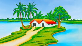 How to draw beautiful riverside village scenery step by step easy drawing