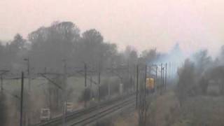 Deltic 55022 Royal Scots Grey with mega thrash at Hest Bank with ECS for Spitfire Railtour 4/03/2011