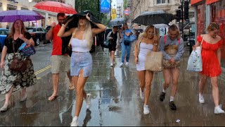 Heavy Rain and Thunderstorm hits Central | London Rain Walk - Rain ASMR [4k]