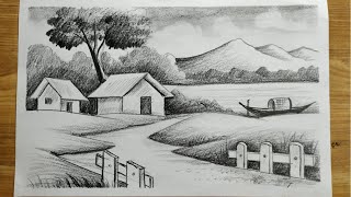 how to draw easy pencil sketch scenery,landscape pahar and river side scenery drawing for beginners,